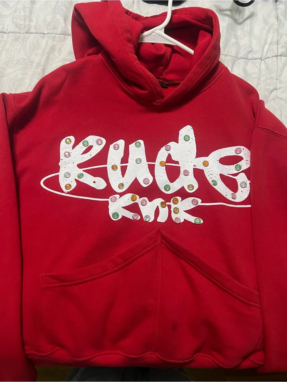Red Hoodie with White Beaded Graphic